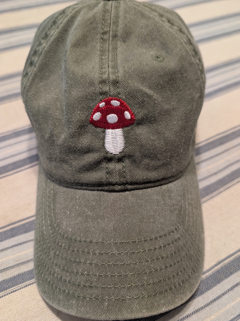 Mighty Fine Olive Green Hat with Red Mushroom Embroidery
